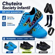 Chuteira Society VELOSFIT colada e costurada Infantil 26 ao 33 com Caneleira Meião Relógio