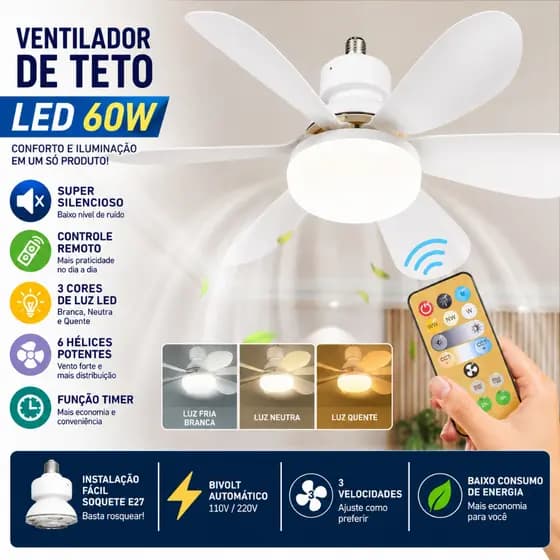 Ventilador de Teto com Luz LED E27 42cm 60W 110V&220V 6 Hélices Controle Remoto 3 Cores