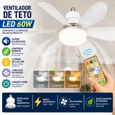 Ventilador de Teto com Luz LED E27 42cm 60W 110V&220V 6 Hélices Controle Remoto 3 Cores