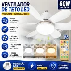 Ventilador de Teto 2 em 1 com Lâmpada LED E27 Bivolt Silencioso 3 Cores de Luz Controle Remoto – Ideal para Quarto Sala