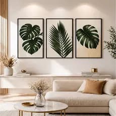 Quadro Decorativo 3 peças 122x60 Folhas Verdes Minimalista Flor
