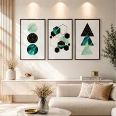 Quadro Decorativo 3 peças 122x60 Abstrato Geométrico Minimalista Preto Azul Verde