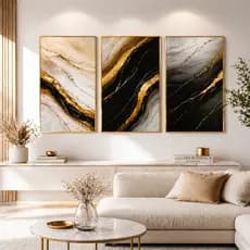 Quadro Decorativo 3 peças 122x60 Mármore Luxo Dourado Preto Branco