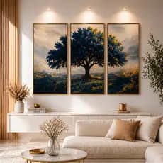 Quadro Decorativo 3 peças 122x60 Árvore com tons Azuis Natureza Vibes