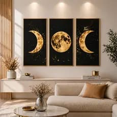 Quadro Decorativo 3 peças 122x60 Lua Dourada Luxo
