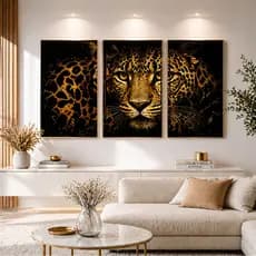 Quadro Decorativo 3 peças 122x60 Leopardo Dourado Luxo