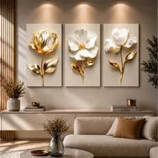 Quadro Decorativo 3 peças 122x60 Flor Branca Dourada Luxo Tulipa Lótus