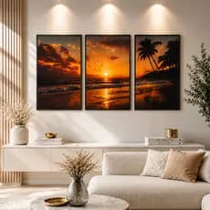 Quadro Decorativo 3 peças 122x60 Praia Pôr do Sol Natureza Paisagem Vibes