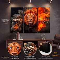 Quadro Decorativo 3 peças 122x60 Nunca foi Sorte Sempre Foi Deus fogo Fumaça Leão juda