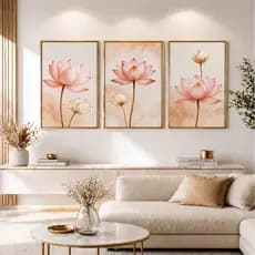 Quadro Decorativo 3 peças 122x60 Flor de Lótus Floral Rosa Dourado