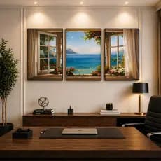 Quadro Decorativo 3 peças 122x60 Janela para o Mar Vibes Natureza