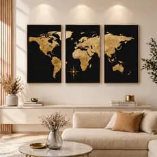 Quadro Decorativo 3 peças 122x60 Mapa Mundi Dourado Luxo Minimalista