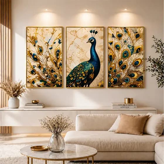 Quadro Decorativo 3 peças 122x60 Pavão Elegante Dourado