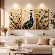 Quadro Decorativo 3 peças 122x60 Pavão Elegante Dourado