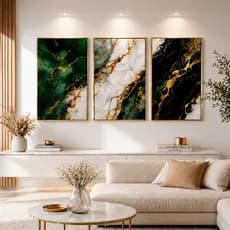 Quadro Decorativo 3 peças 122x60 Mármore Verde Ouro Minimalista Luxo