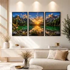 Quadro Decorativo 3 peças 122x60 Natureza Cachoeira Montanha Paisagem Rio Vibes