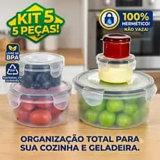 Kit 5 Potes Herméticos Redondos Plástico PP Organizador de Geladeira e Marmita Livre de BPA Pote com Trava Seguro