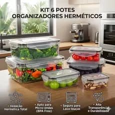 Kit 6 Potes de Plástico Hermético Retangular Transparente Premium Livre de BPA para Marmita e Organizador de Geladeira