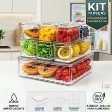 Kit 10 Organizadores de Geladeira Clear Acrílico com Tampa e Dreno Escorredor de Alimentos Premium BPA Free