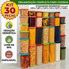 Conjunto 30 Potes Herméticos Organizador de Armário e Geladeira Alimentos Transparente BPA Free