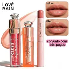 Love Rain brilho labial Conjunto de 3 peças Batom Cremoso + Gloss+ Com Lápis Elegante Mágico Cores De Labial Intensa