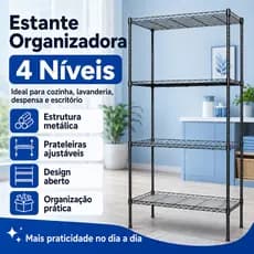 Estante Multiuso de Aço 4 Prateleiras Preta Ajustável 75x35x151cm Cozinha Lavanderia Garagem 200kg