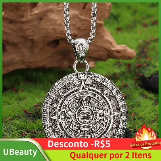 Colar com Pingente Redondo de Calendário Solar para Homens, Colar Vintage para Halloween, Acessórios para Mulheres e Hom