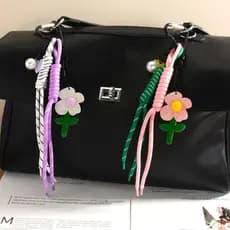 Pingente de Bolsa em Forma de Coração com Pérola e Corda Trançada, Decoração da Série Miu, Chaveiro de Flor Acrílica Col