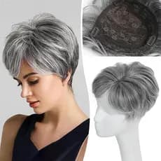ADAMES Topper De Cabelo Curto Feminino , Peruca De Substituição , Franja Falsa , Pedaço Ondulado Fofo Natural