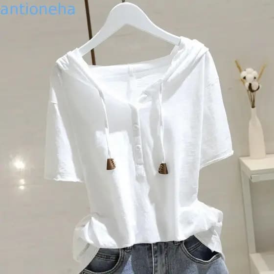 Camiseta De Manga Curta Com Capuz ANTIONEHA , Camisa Henley Casual Confortável , Pulôver Fino Solto