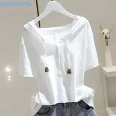Camiseta De Manga Curta Com Capuz ANTIONEHA , Camisa Henley Casual Confortável , Pulôver Fino Solto
