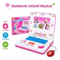 Laptop Infantil Rosa Notebook de Brinquedo com Mouse Som Luz Música Criança Menina 3 Anos