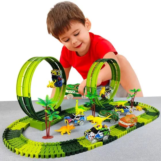 DIY pista prática costura livre dinossauro elétrico engenharia pista montanha russa conjunto brinquedos das crianças dia