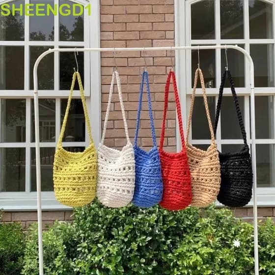 SHEENGD1 Bolsa De Malha Oca , Sacola De Crochê Estilo Férias Trançada , Ombro