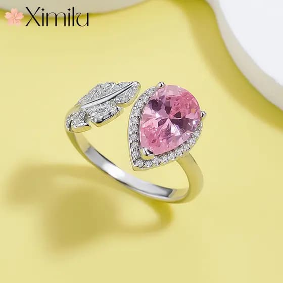 ❤ Original brilhante rosa folha de cristal gota de água Moissanite anel feminino moda High-End personalidade jóias