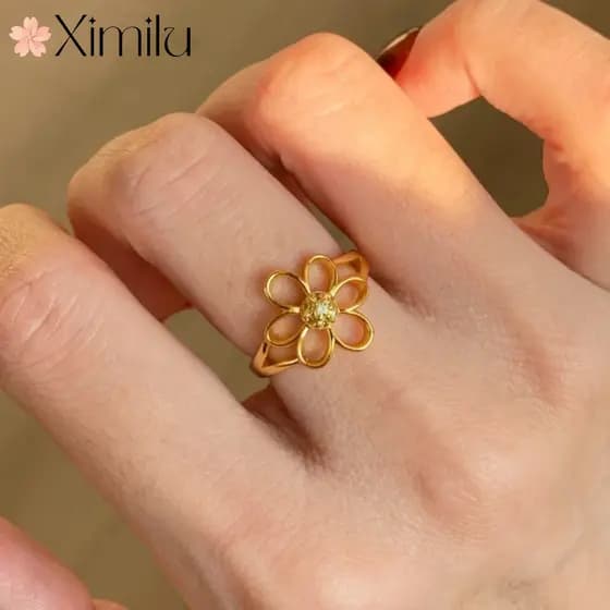 ❤ Clássico luz luxo oco pequeno amarelo flor anel feminino estilo simples requintado amarelo diamante flor jóias