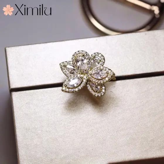 ♥ Estilo duplo estilo legal High-End nicho Design elegante All-Match flor cheio de diamante requintado anel feminino jói