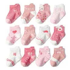 12 Pares De Meias Antiderrapantes Para Meninas , Adesivas E Curtas Com Costas Crianças Pequenas