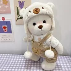 (Apenas Roupas) 30cm Médio Lena Knuckle Bear Urso Branco Bola Cap Macacão Conjunto Teddy Plush Toy Outfit