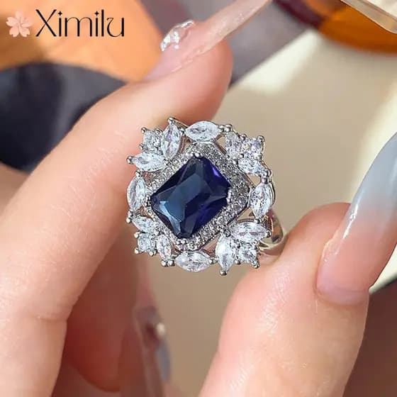 ❤ Três cores de luxo cheio de diamante incrustado retangular diamante esmeralda anel de cristal vermelho feminino venda