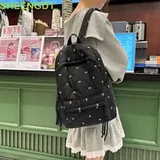 SHEENGD1 Mochila Com Laço Bordado , De Nylon Estilo Preppy Bolsa Escolar Portátil Para Estudantes Bownot