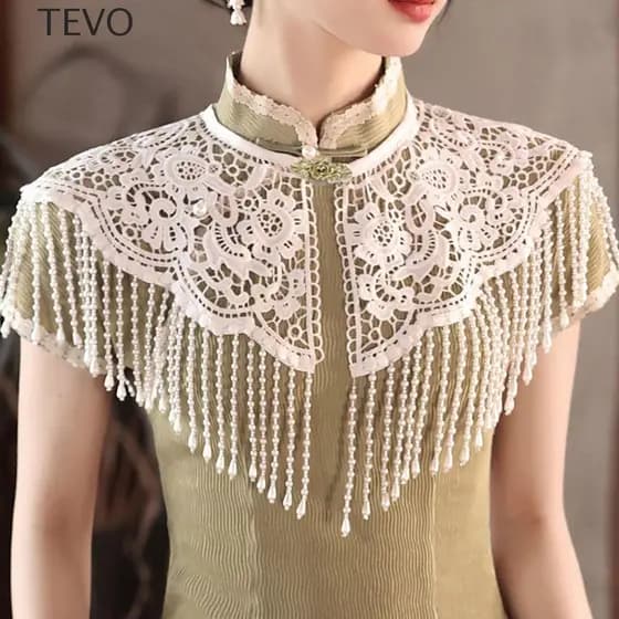 Xale De Borla De Pérola TEVO , Com Cheongsam Vintage , Gola Destacável Acabamento Em Renda Artesanal