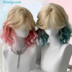 ALLGOODS1 Ombre Rosa Azul Bob Peruca , Couro Cabeludo Simulado Harajuku Curto Encaracolado Onda Perucas , Resistente Ao