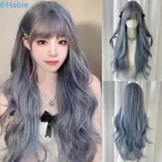 TOBIE Cabelo Longo Encaracolado Ondulado , Perucas Sintéticas De Cosplay Azul De Halloween Com Franja De Bandana Harajuk