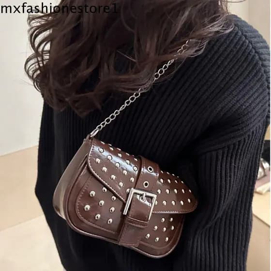 MXFASHIONE Bolsa De Ombro Com Rebite , Vintage De Couro Pu Y2K Para Axilas Retrô Motocicleta Da Moda Coreana
