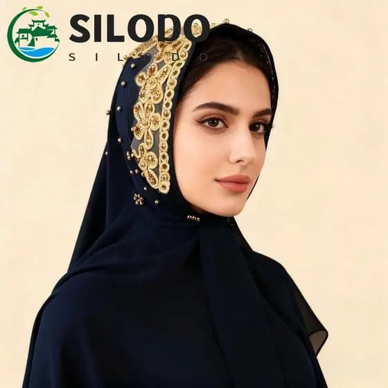 SILODO Lenço Hijab De Chiffon Pérola , Turbante Islâmico Longo De Seda , Contas De Ouro De Luxo Arco Fino Feminino Praia