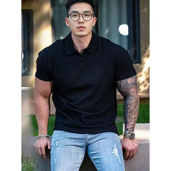 Camiseta esportiva muscular masculina de manga curta com punhos de verão POLO Henry Big Lapel Stretch Training Top