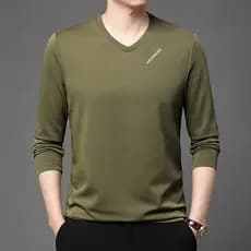 Outono manga comprida camiseta masculina com decote em V solto mais gordura plus Size camisa de fundo cor sólida topo de