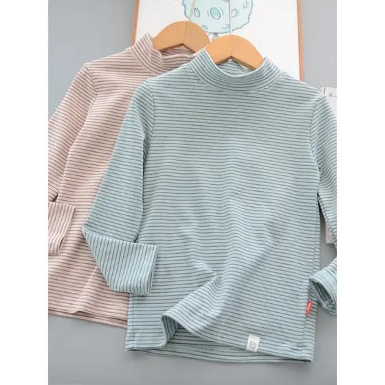 Camisa de fundo infantil primavera inverno meia gola alta listrada Top térmico médio grande crianças puro algodão estira