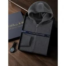 Negócios Casual engrossado Hoodie 100% puro Cashmere camisola masculina com capuz zíper Cardigan camisola solta alta-